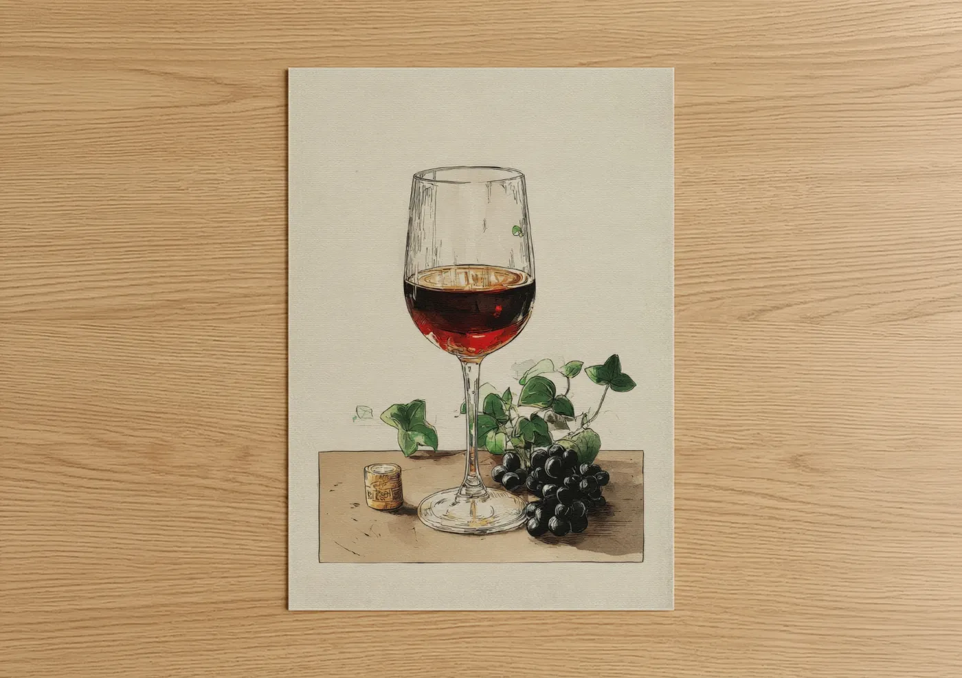 Red wine art print on warm oak wood — red and cream palette — Crimson Wine Harvest poster