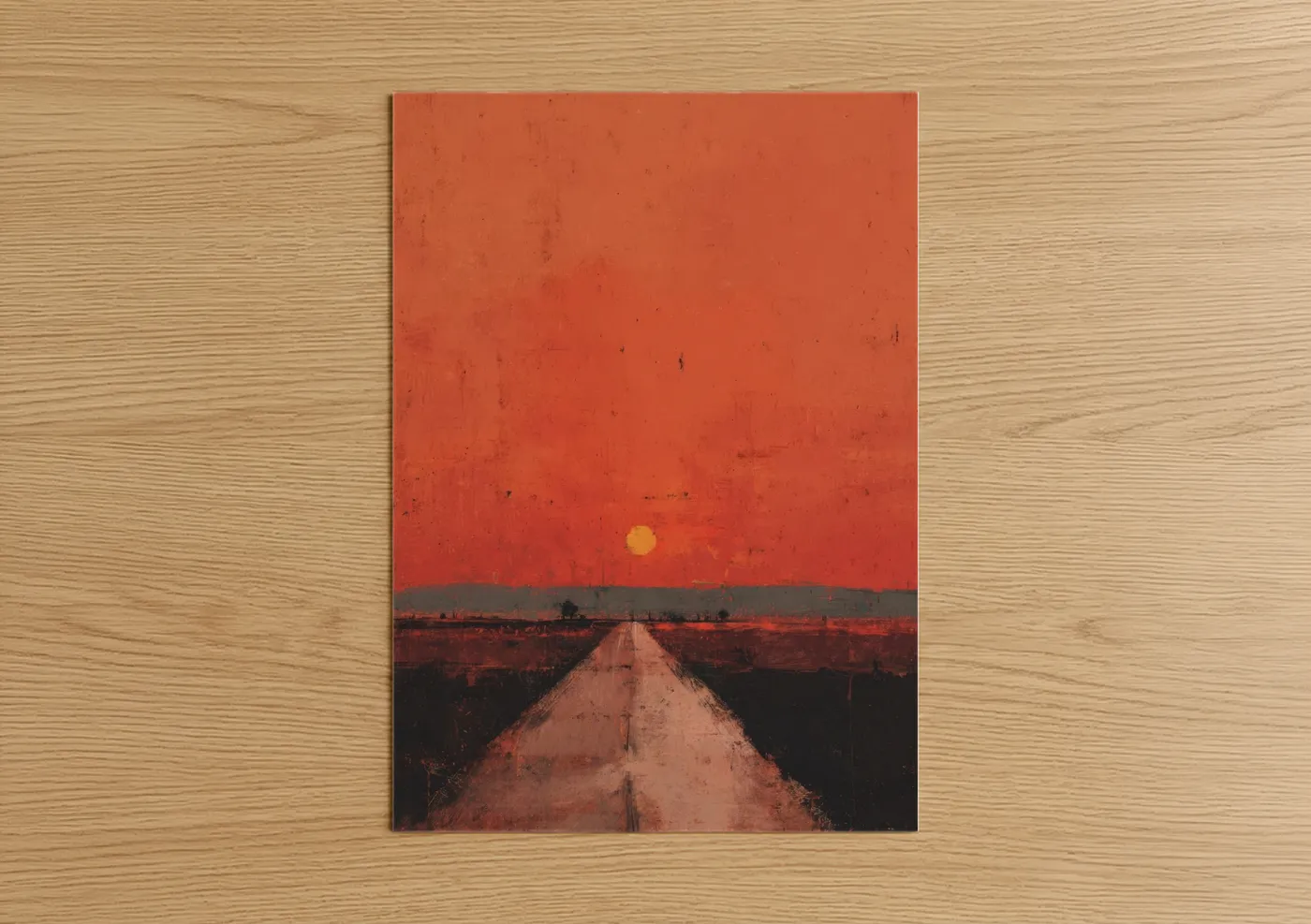 Road and highways art print on warm oak wood — red and gold palette — Desert Highway Sunset poster