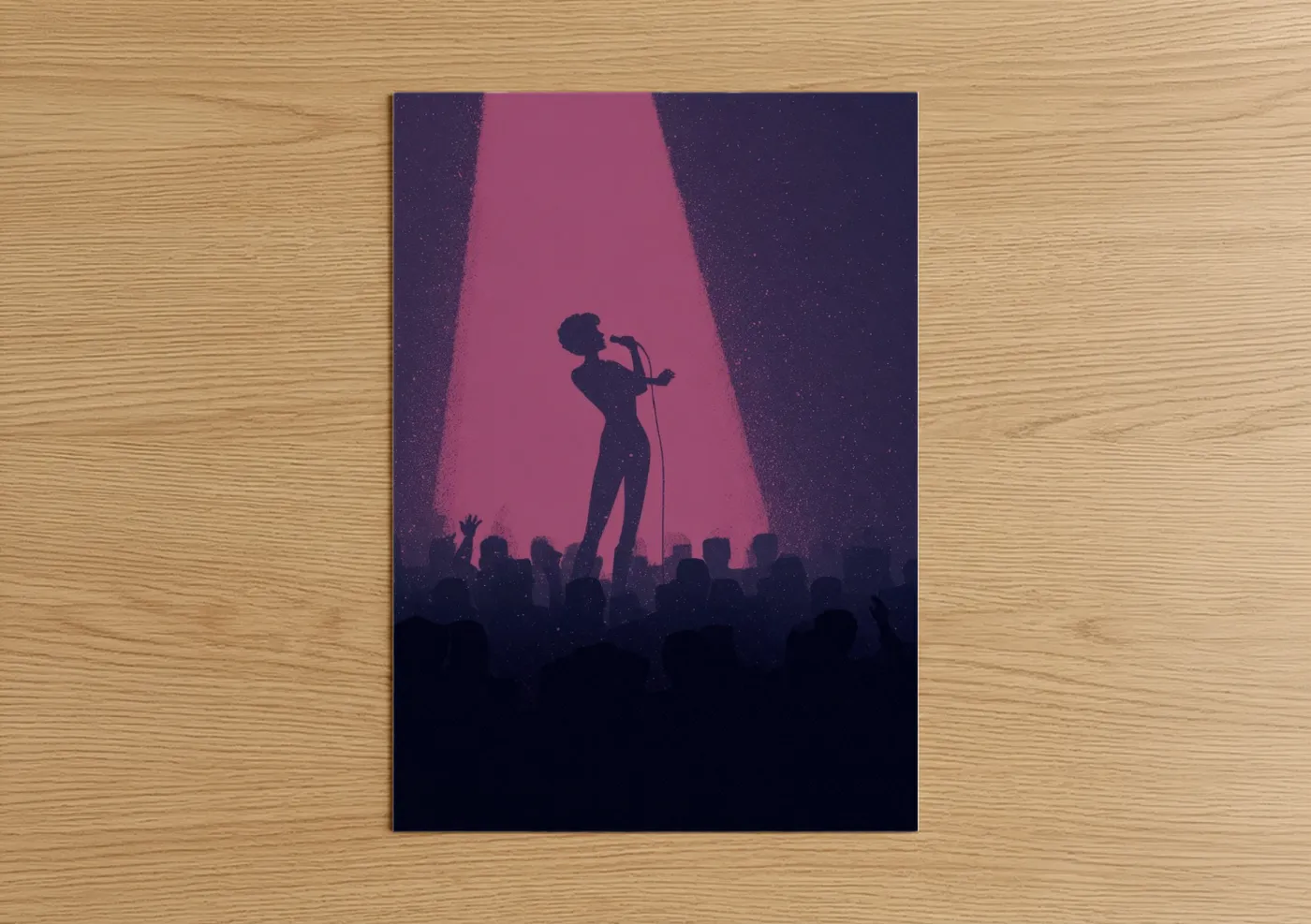 Disco art print on warm oak wood — magenta and purple palette — Stage Spotlight Performer poster
