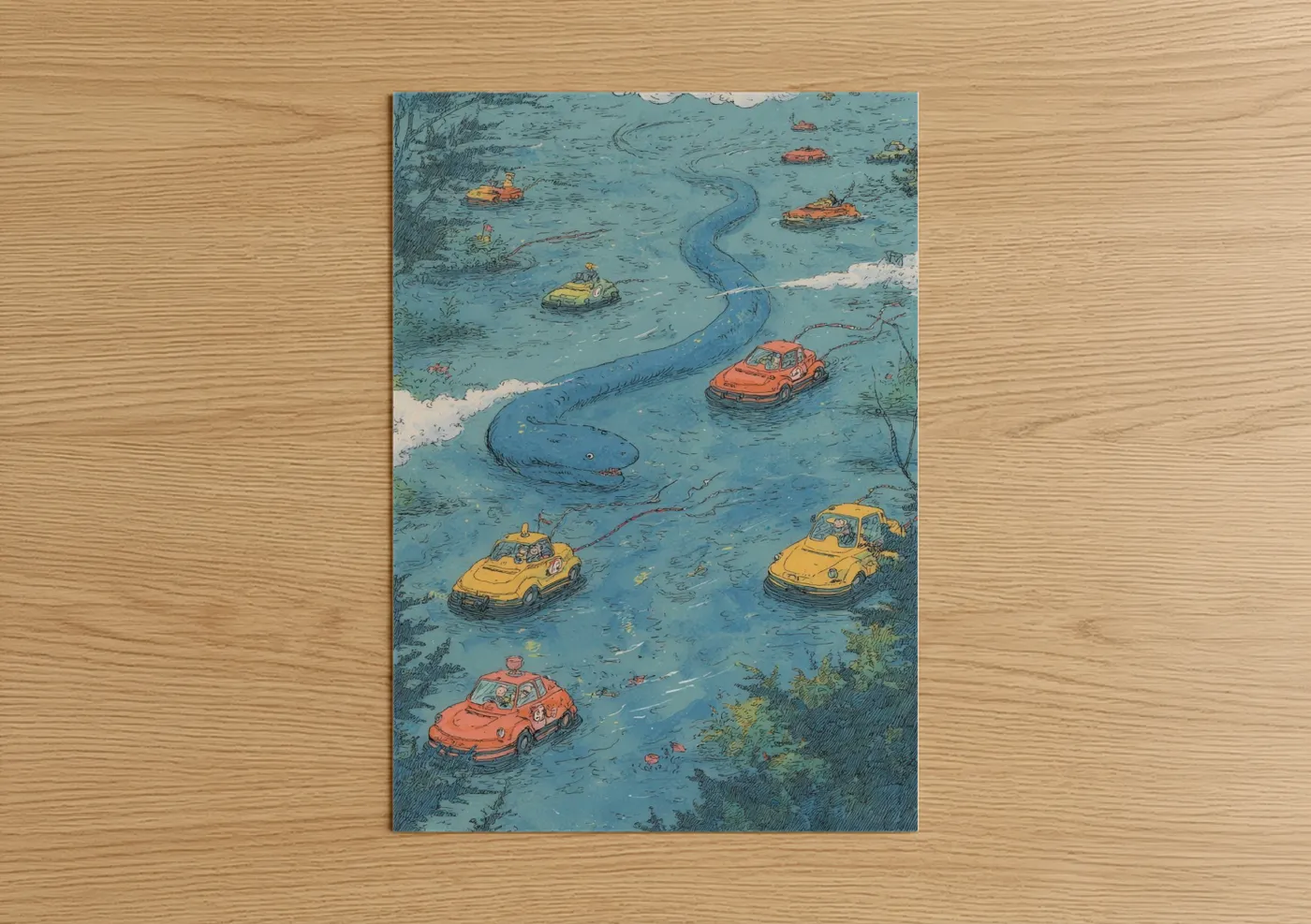 Eels art print on warm oak wood — blue and orange palette — Whimsical Waterway poster