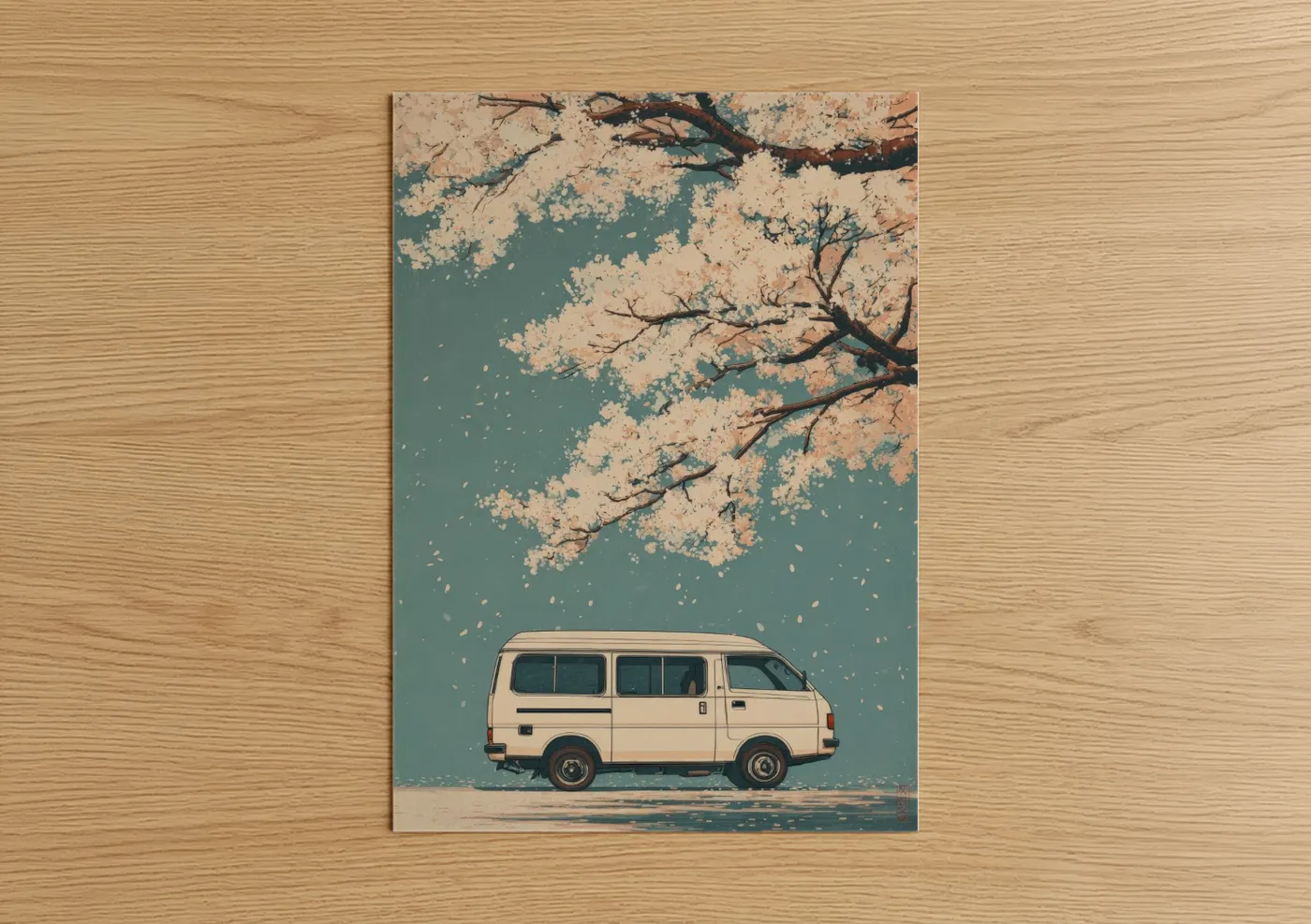 Art print on warm oak wood — cream and teal palette — Blossom Van Dream poster