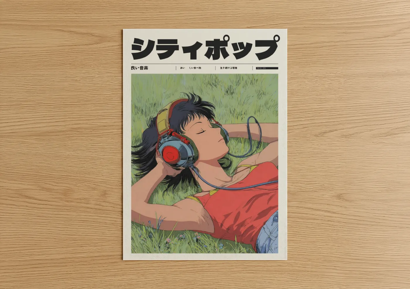 Anime Girl Headphones Green Field Relaxation Wall Art