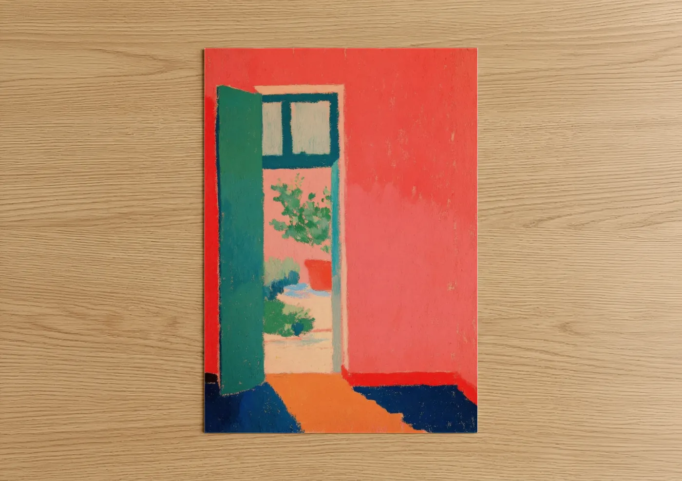 Art print on warm oak wood — red and teal palette — Open Doorway poster