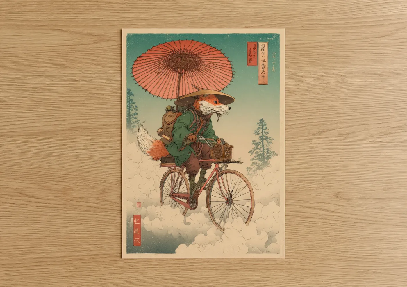 Whimsical Fox on Bicycle with Umbrella Wall Art