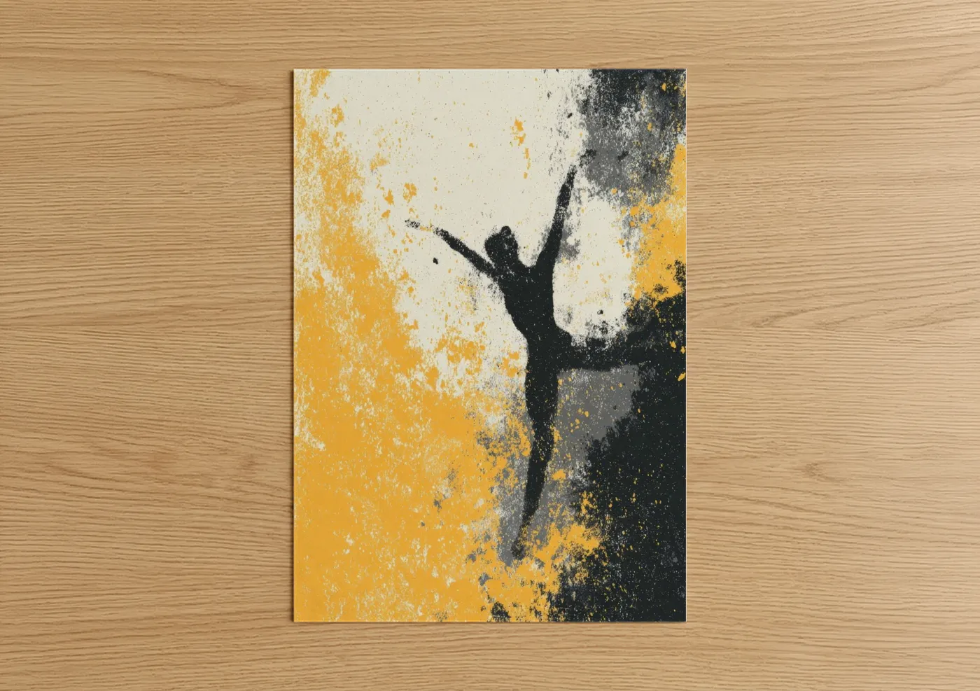 Gymnastics art print on warm oak wood — gold and black palette — Victory Leap Gymnast poster