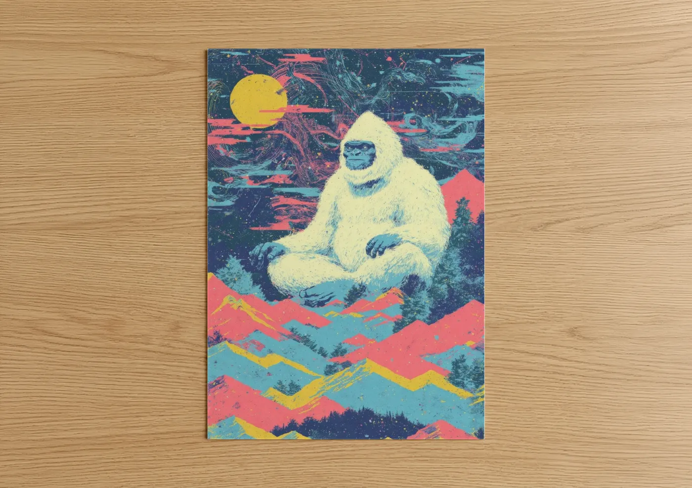 Art print on warm oak wood — magenta and turquoise palette — Cosmic Yeti poster