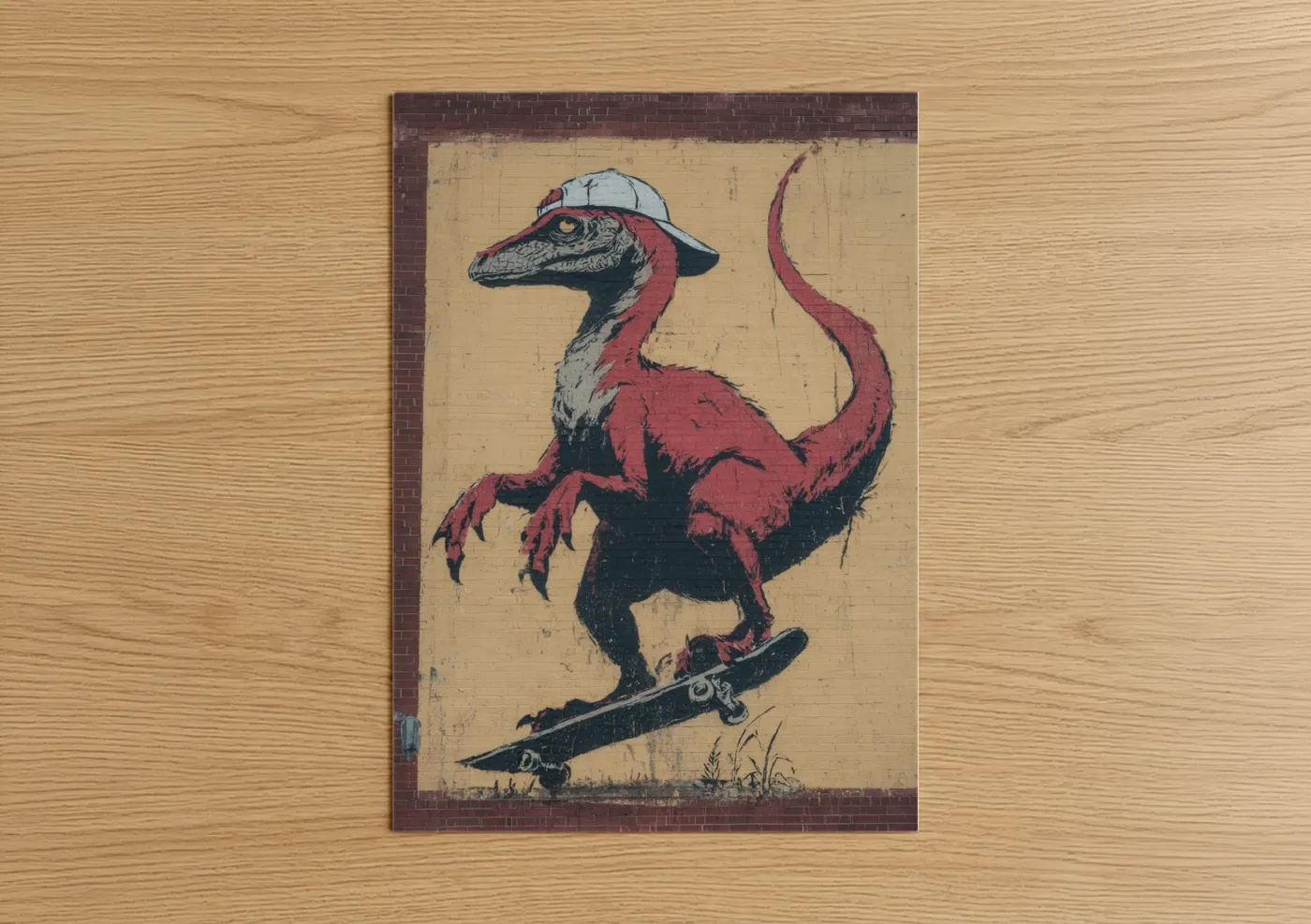 Art print on warm oak wood — maroon and cream palette — Skateboarding Dinosaur poster