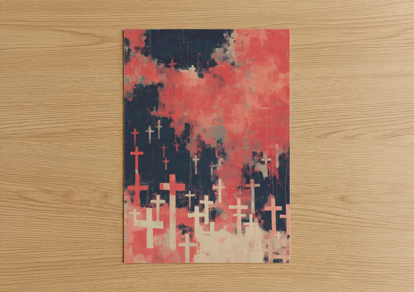 Veterans day art print on warm oak wood — red and black palette — Crimson Remembrance poster