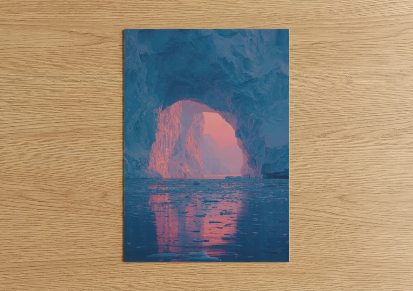 Art print on warm oak wood — blue and salmon pink palette — Glowing Arch poster