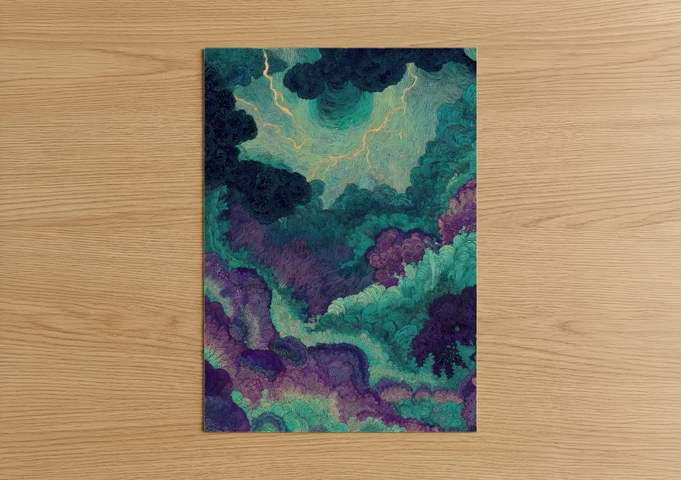 Night sky art print on warm oak wood — teal and magenta palette — Twilight Aurora poster
