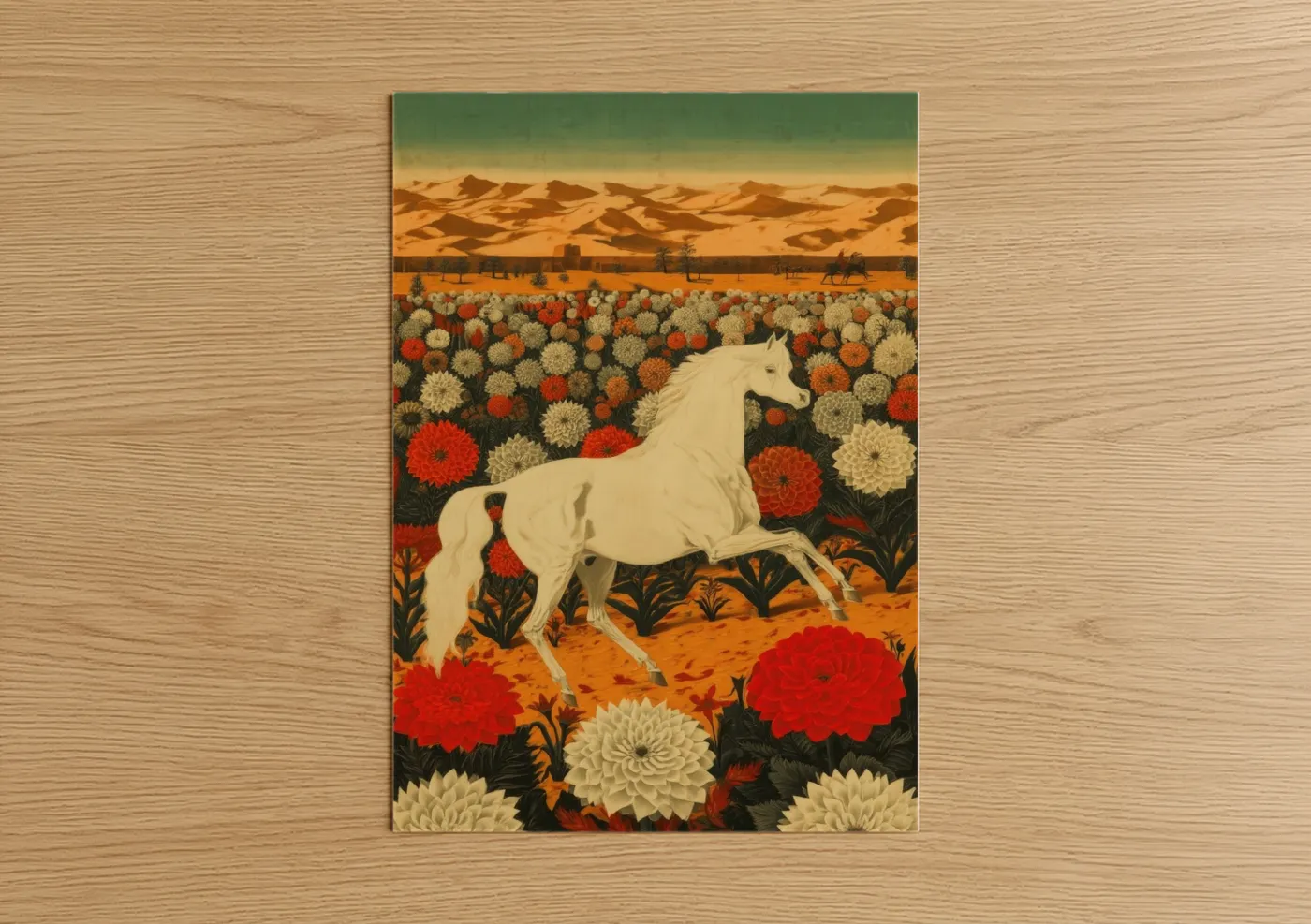 Arabian horse art print on warm oak wood — gold and red palette — Desert Bloom Horse poster