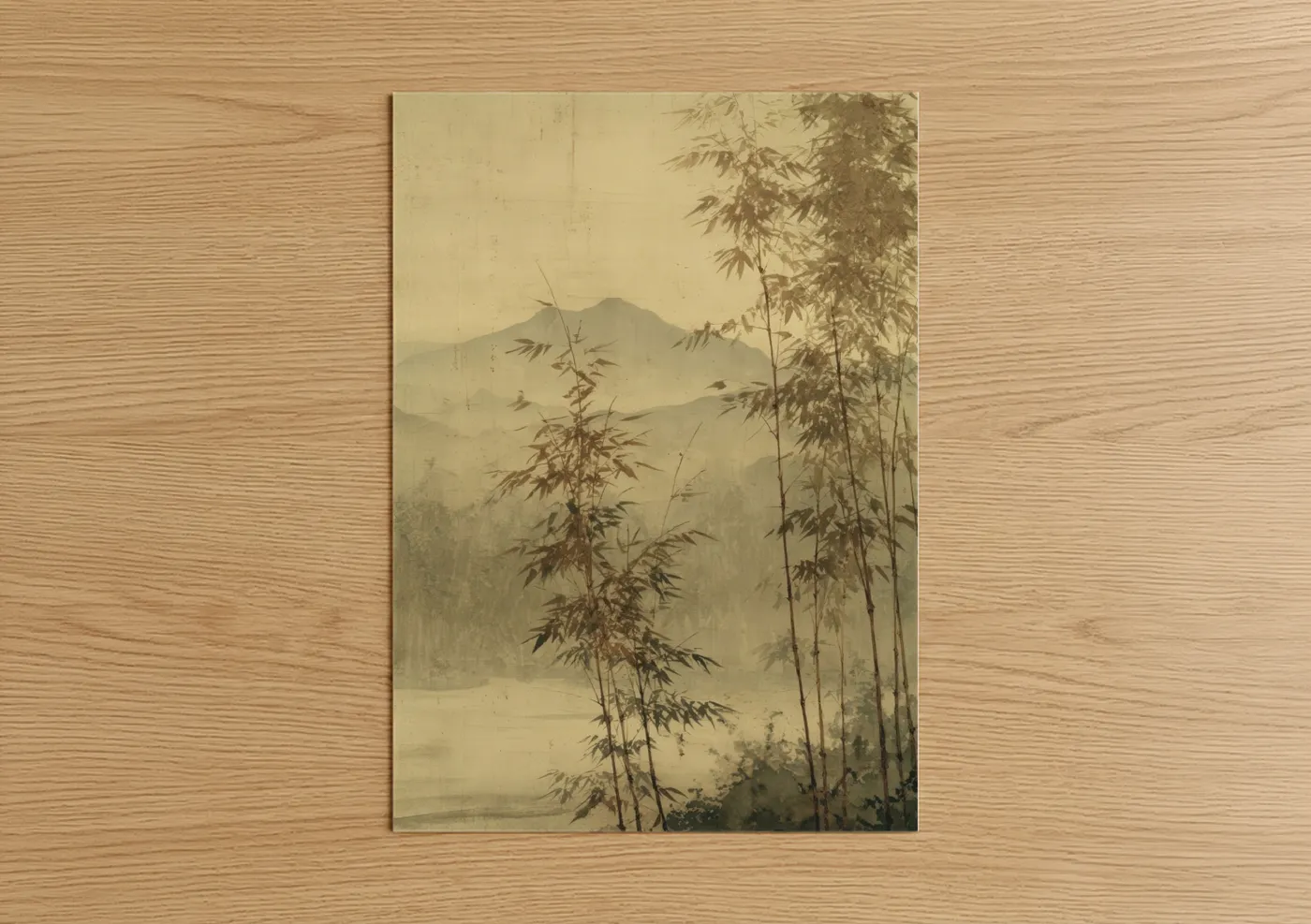 Bamboo jungle art print on warm oak wood — cream and dove gray palette — Misty Bamboo Grove poster