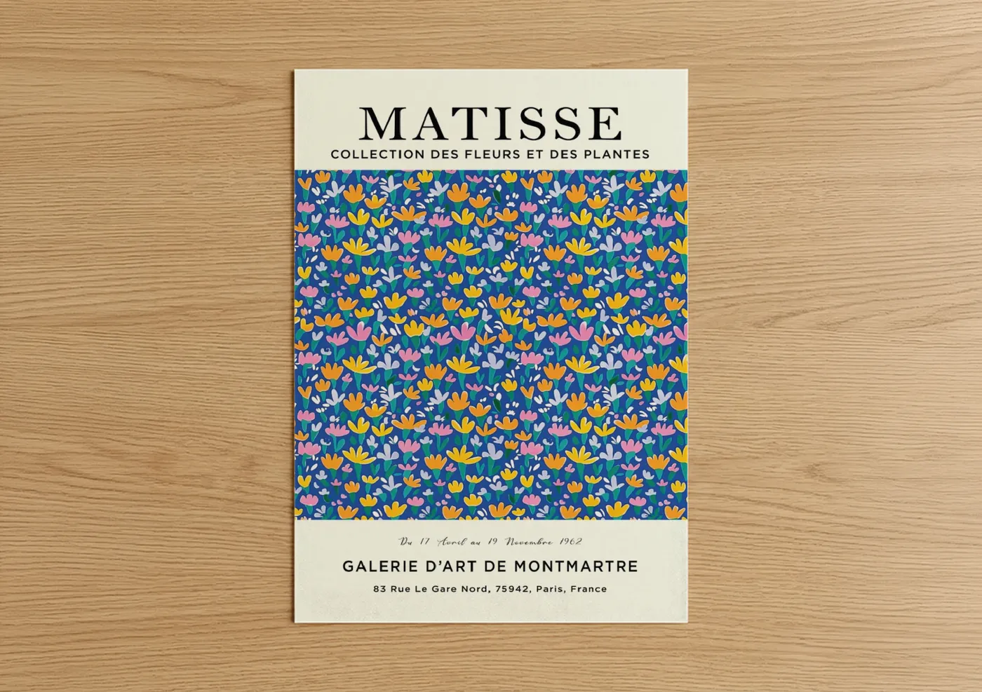 Abstract flower art print on warm oak wood — blue and yellow gold palette — Matisse Flower Garden poster