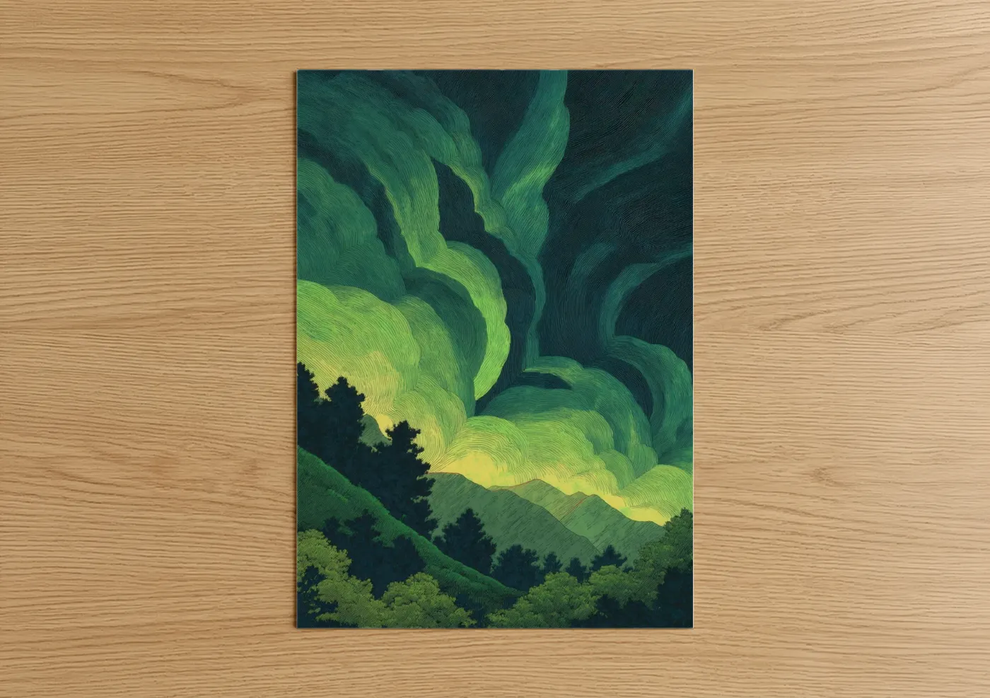 Art print on warm oak wood — light green and dark green palette — Luminous Tornado poster