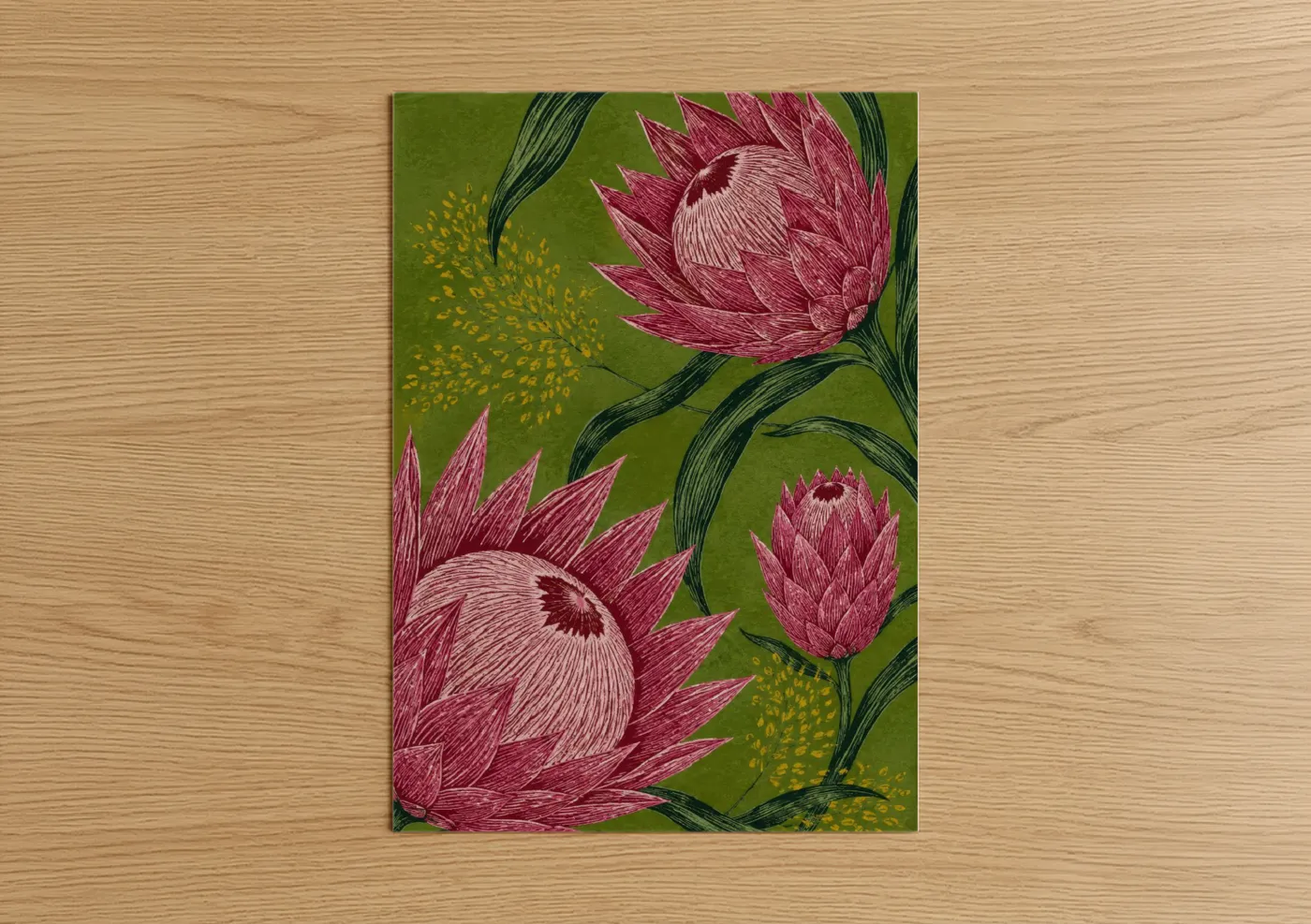 Flower art print on warm oak wood — olive and pink palette — Pink Botanical Bloom Wall Art poster