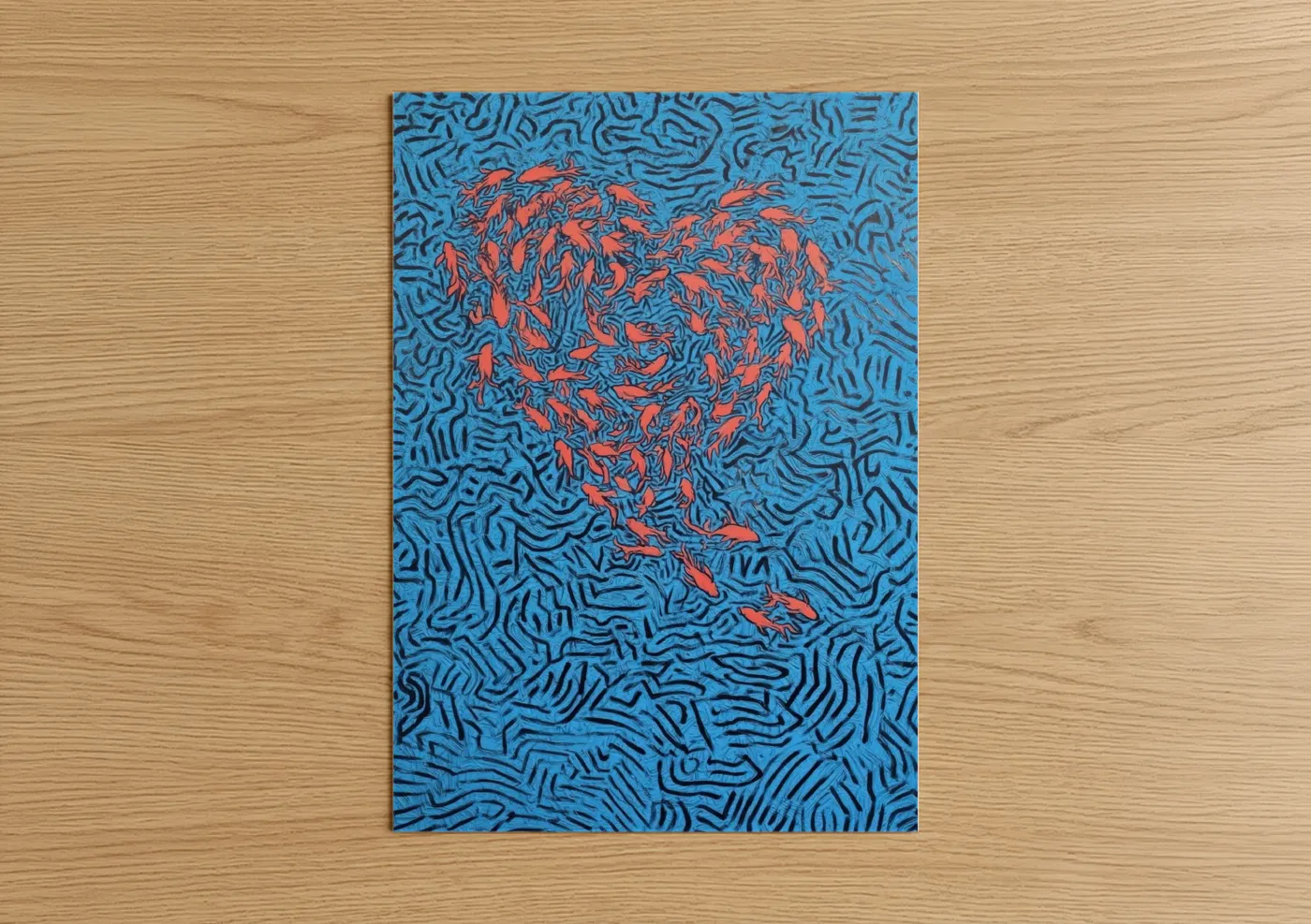 Art print on warm oak wood — blue and orange palette — Coral Zebrafish poster