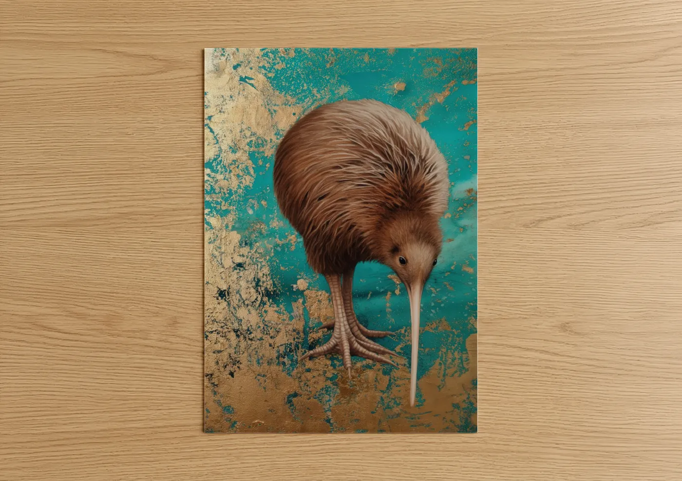 Art print on warm oak wood — teal and cream palette — Curious Kiwi poster