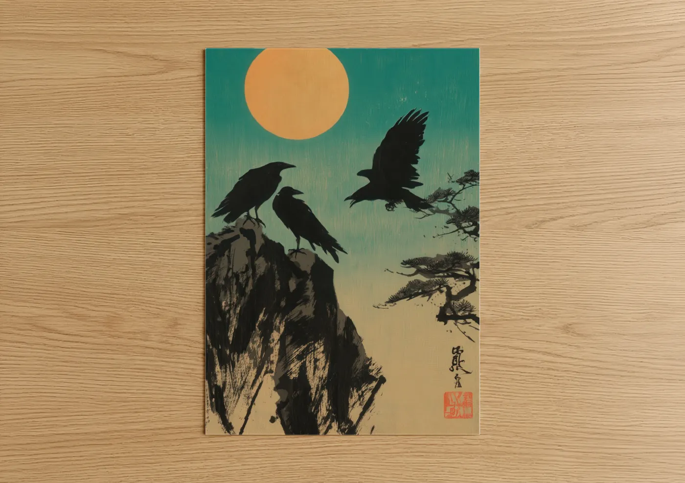 Sunset Ravens Japanese Woodblock Style Wall Art