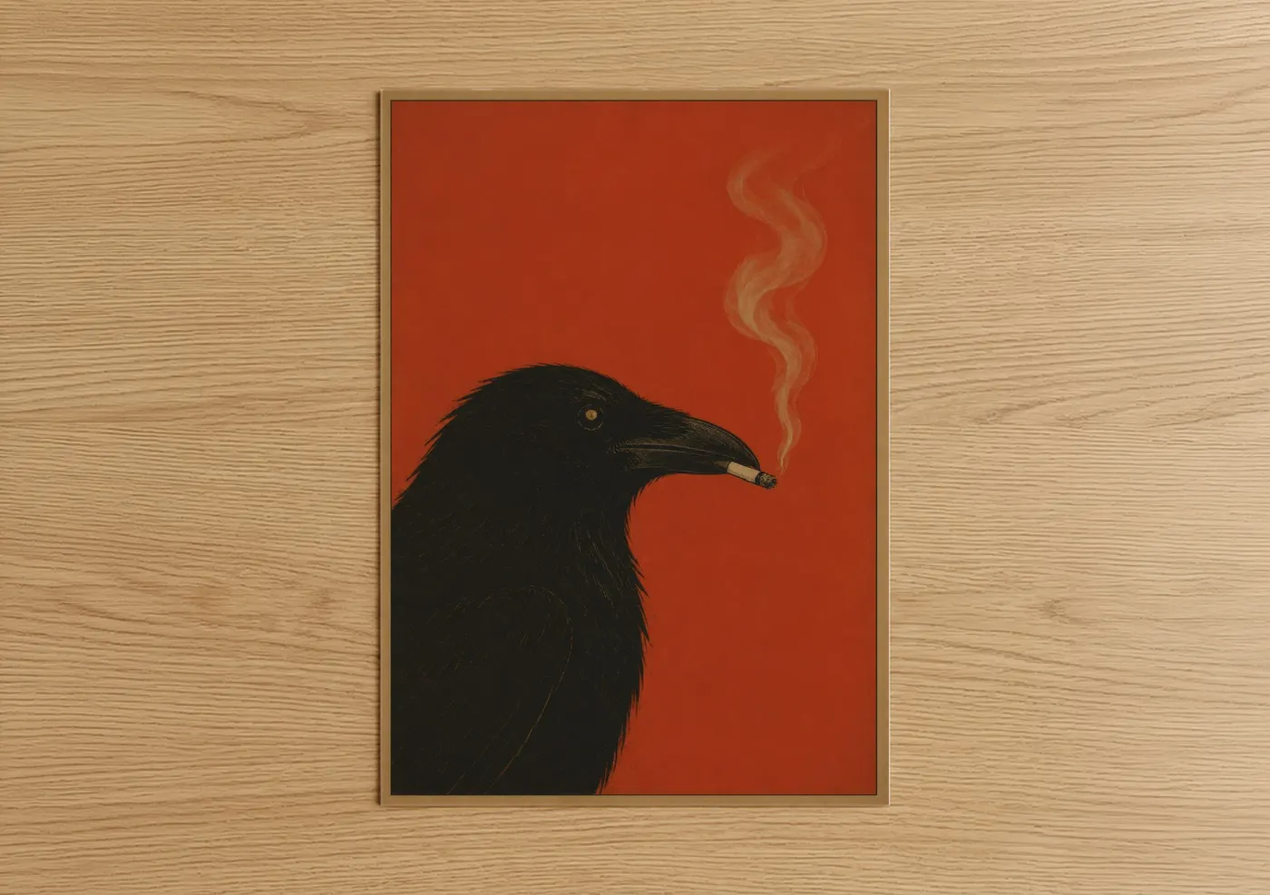 Crows and ravens art print on warm oak wood — orange and black palette — Smoking Raven Orange Background Wall Art poster