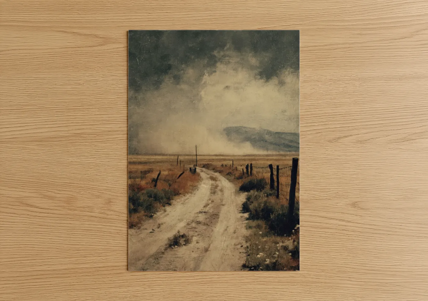 Road and highways art print on warm oak wood — beige and gray palette — Desert Road Rising poster