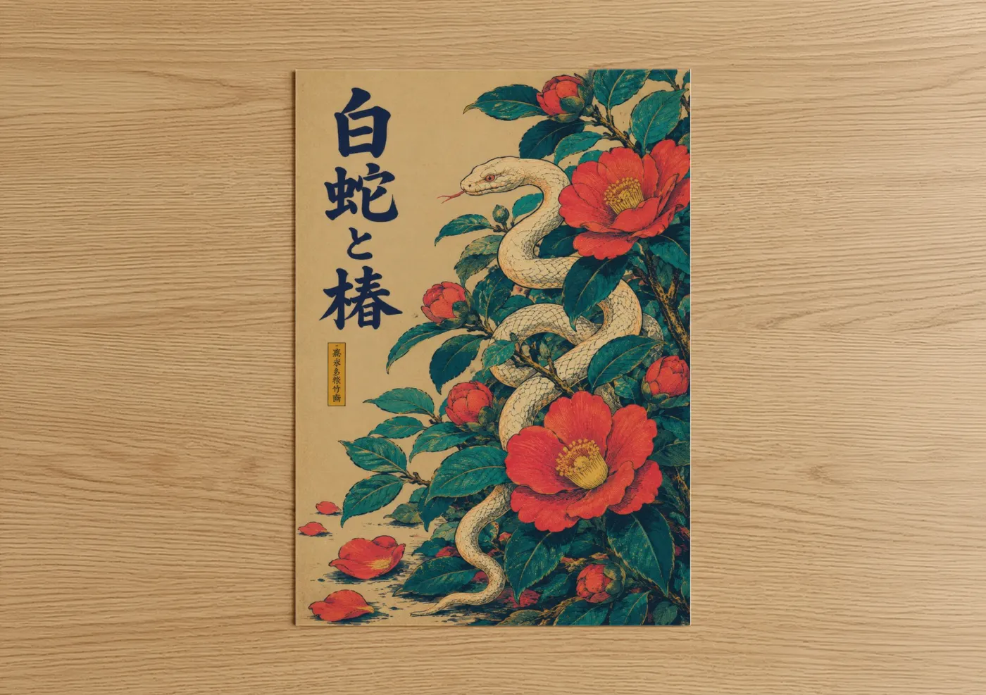 Art print on warm oak wood — red and teal palette — Japanese Snake and Camellia Wall Art poster