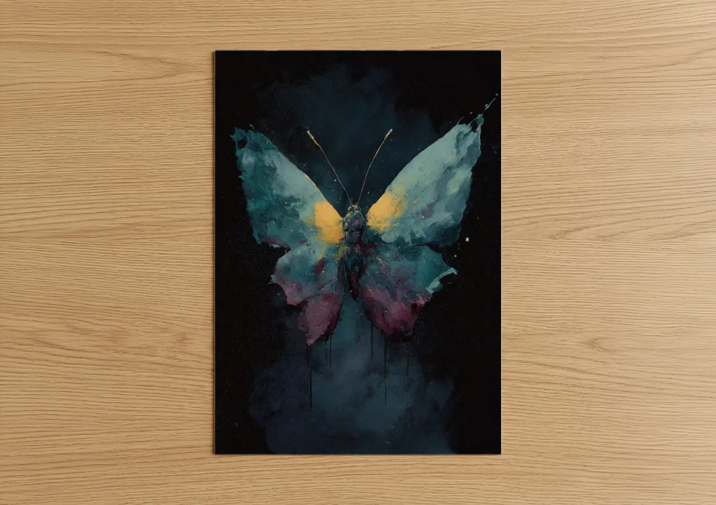 Art print on warm oak wood — dark blue and gold palette — Cosmic Butterfly poster