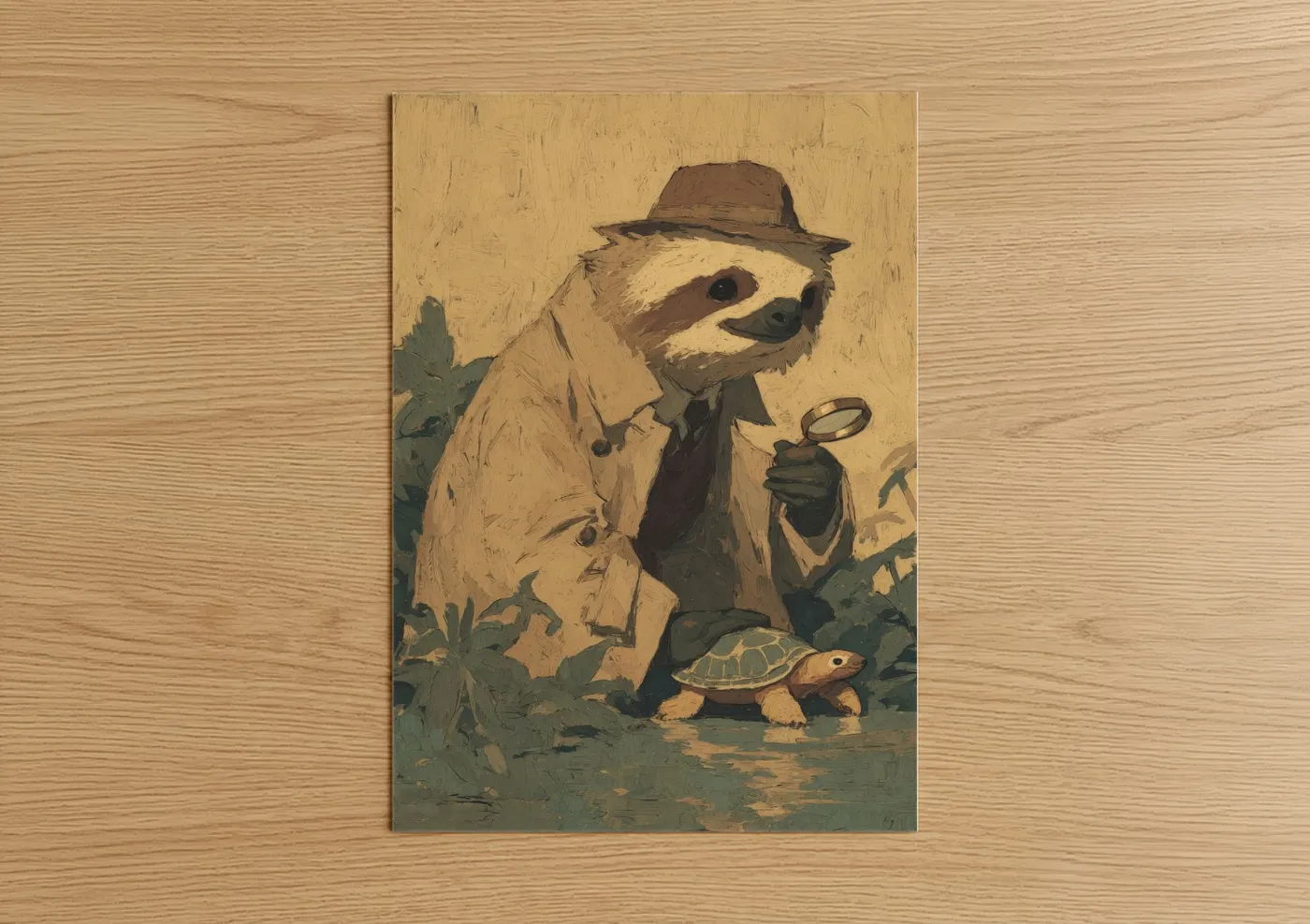 Whimsical Detective Sloth Illustration Wall Art