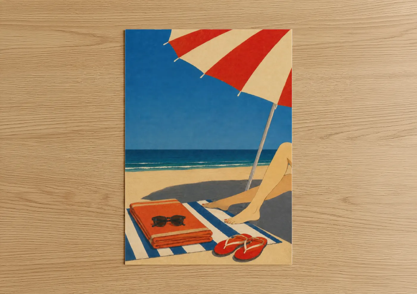 Sandy beach art print on warm oak wood — blue and red palette — Beach Umbrella Minimalist Wall Art poster
