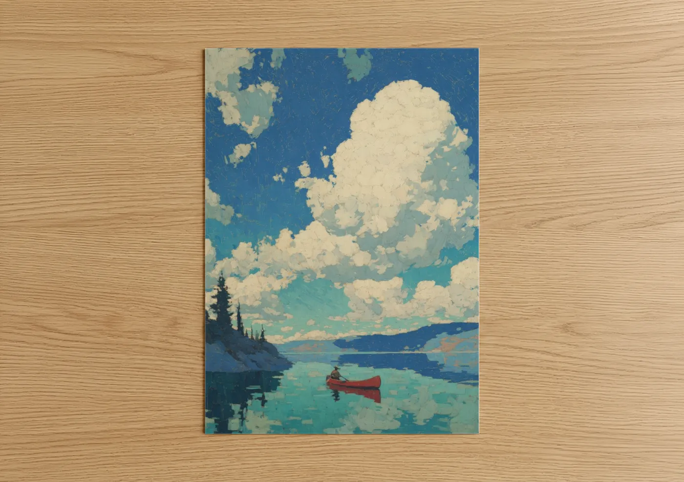 Canoeing and kayaking art print on warm oak wood — blue and cream palette — Alpine Lake Canoe poster