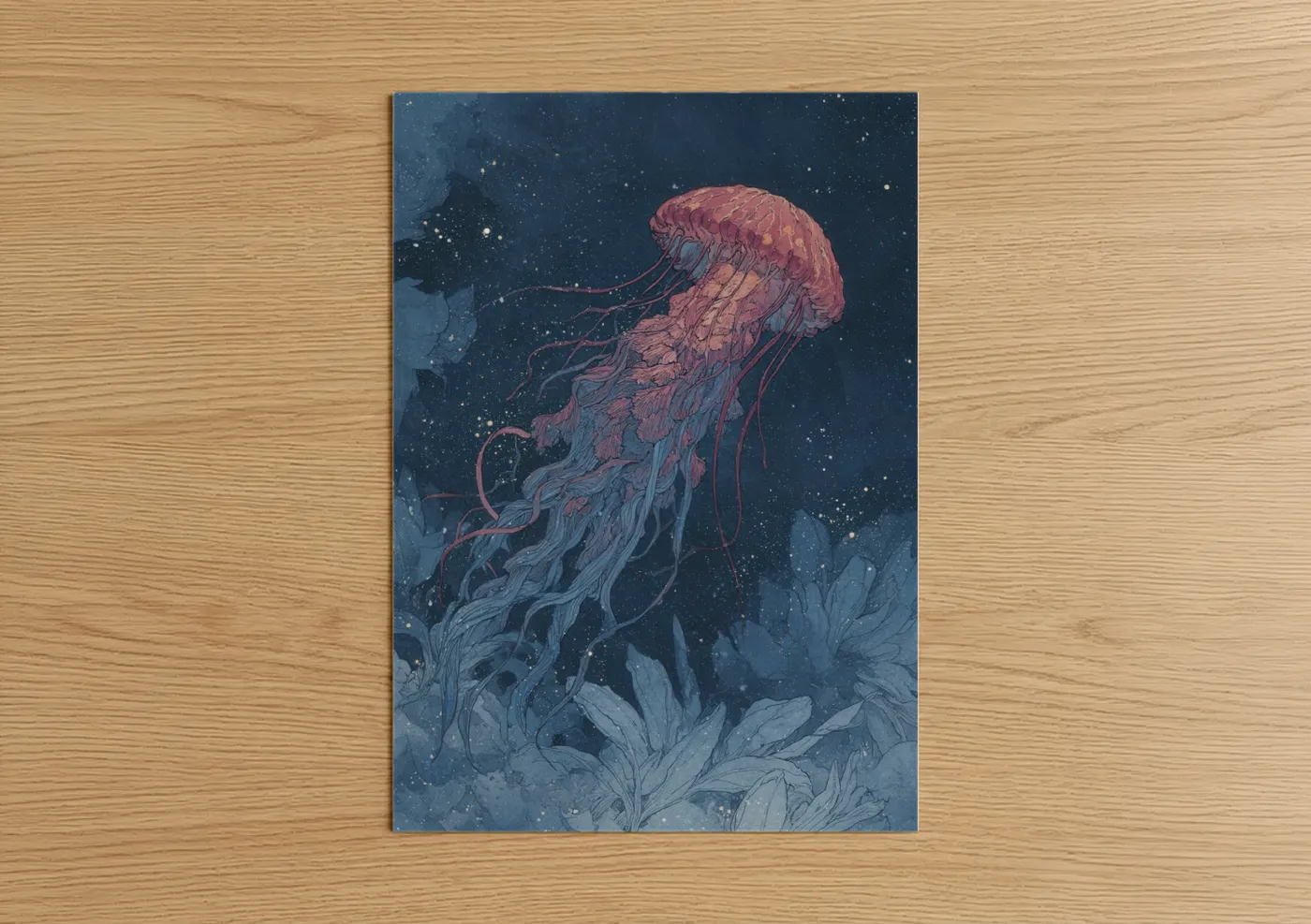 Art print on warm oak wood — blue and pink palette — Crimson Jellyfish poster