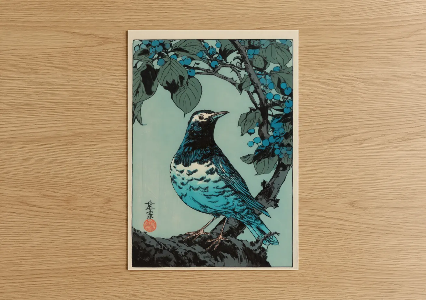 Art print on warm oak wood — teal and black palette — Blue Thrush Branch poster