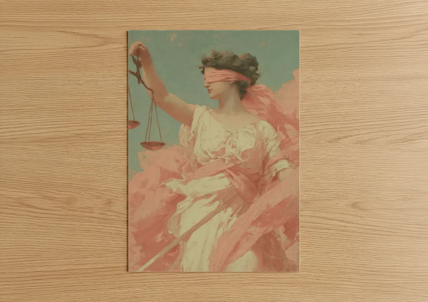 Art print on warm oak wood — sage green and salmon pink palette — Blindfolded Libra poster
