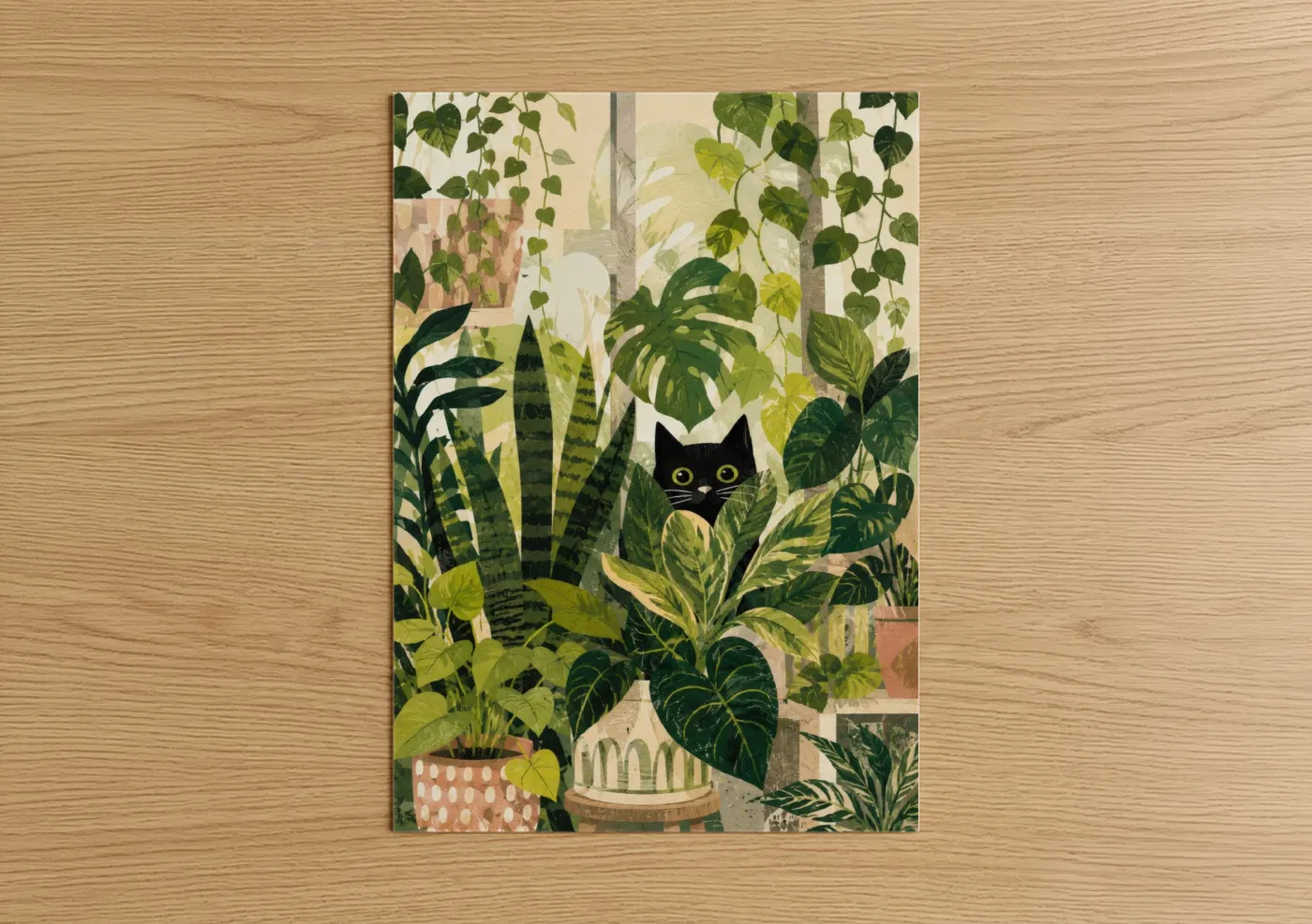 Art print on warm oak wood — true green and cream palette — Black Cat in Jungle Garden Wall Art poster
