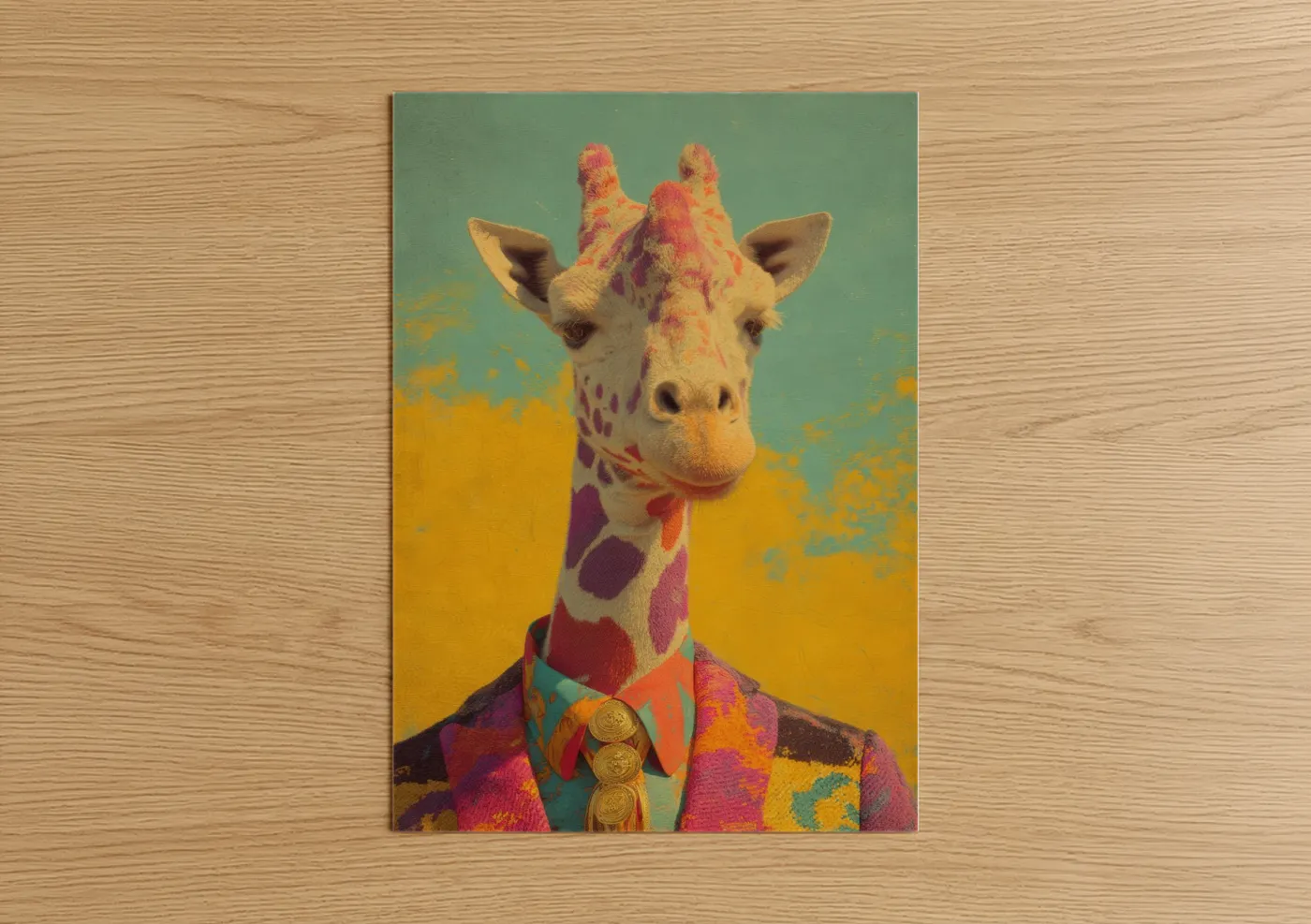 Vintage fashion art print on warm oak wood — magenta and gold palette — Colorful Giraffe poster