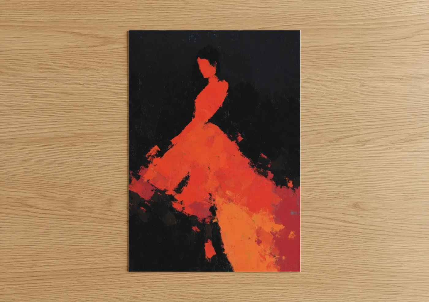 Flamenco art print on warm oak wood — red and black palette — Crimson Dancer poster