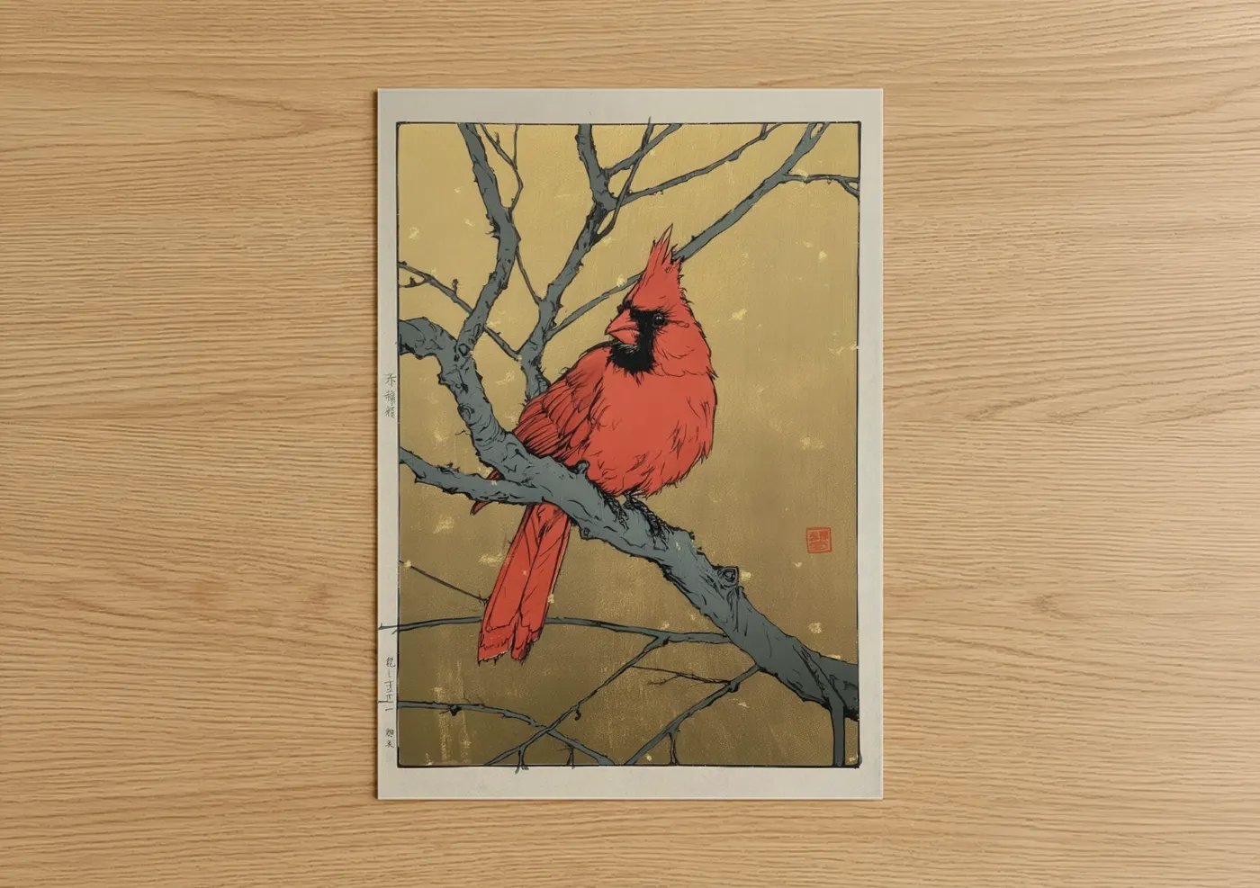 Scarlet Cardinal Perch Japanese Wall Art
