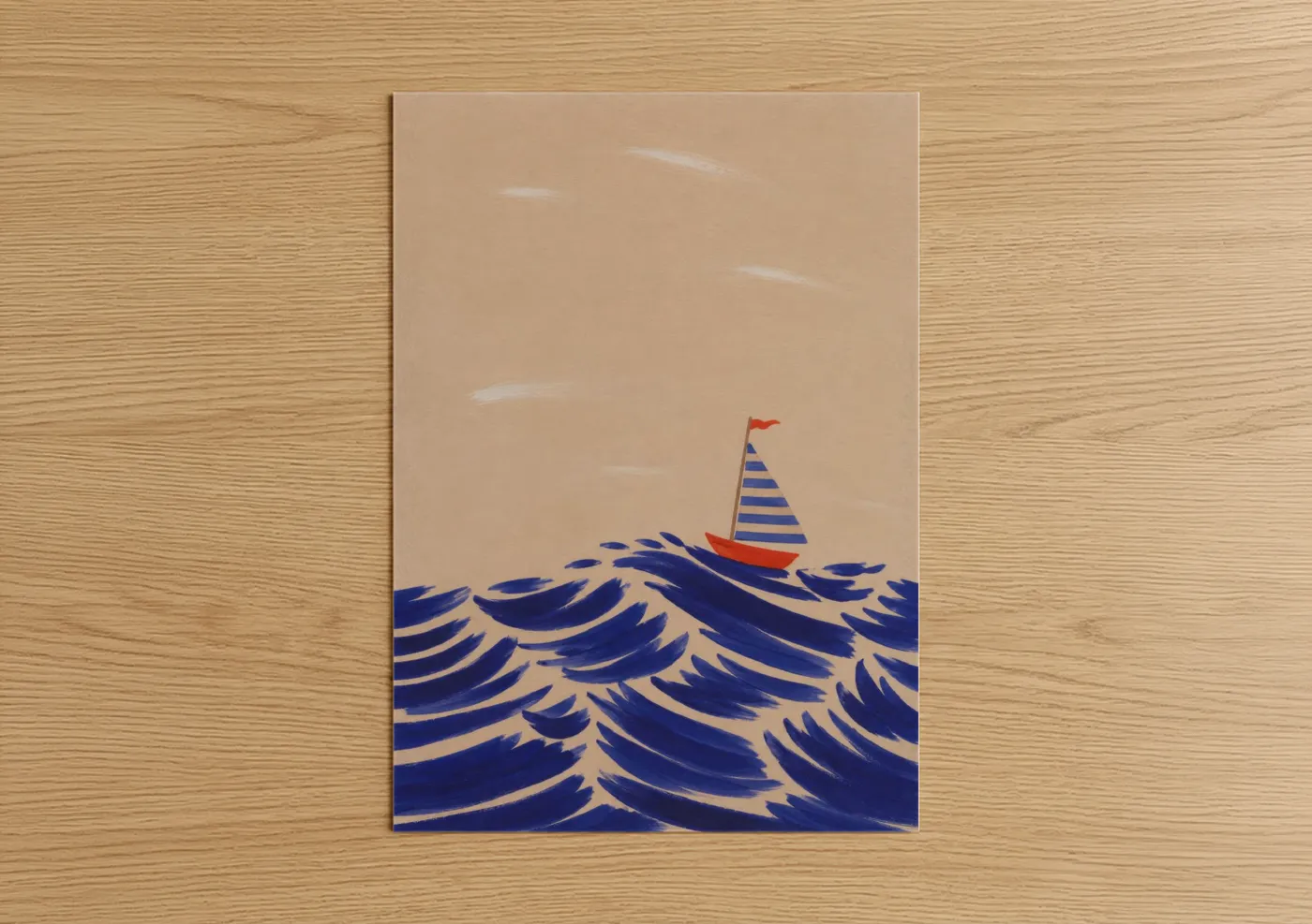 Seascapes and ocean art print on warm oak wood — royal blue and beige palette — Sailing Boat Ocean Waves Wall Art poster