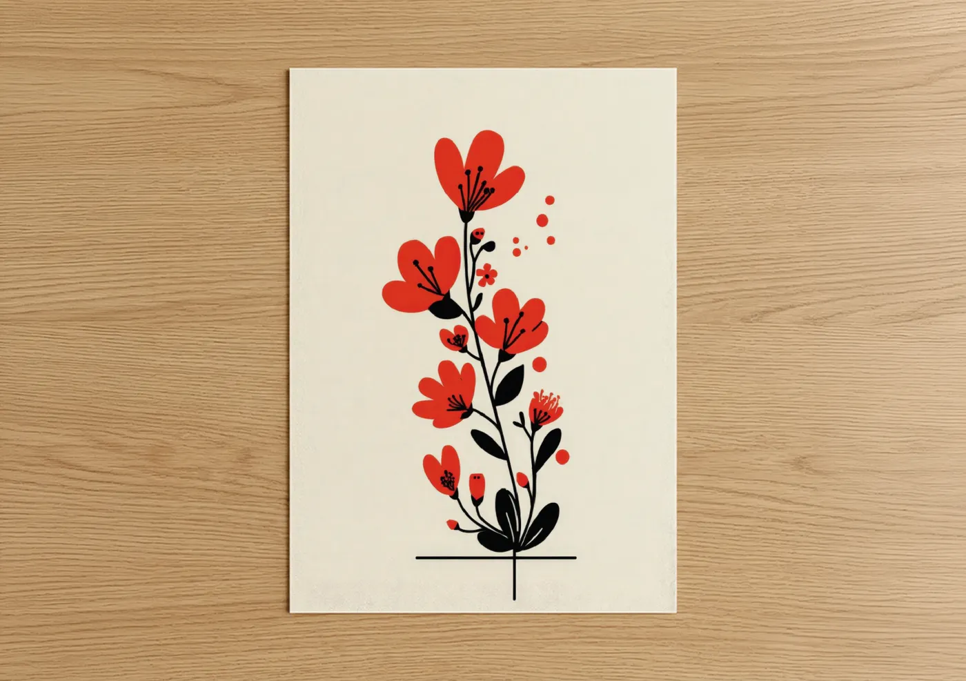 Abstract flower art print on warm oak wood — red and black and white palette — Scarlet Botanical poster