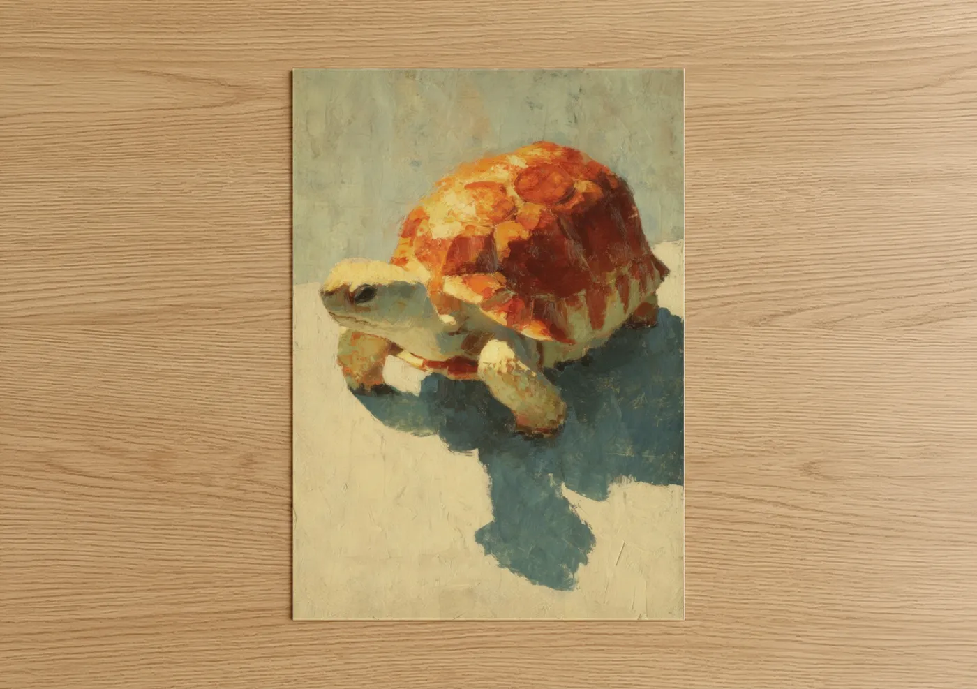 Turtle art print on warm oak wood — gold and red palette — Sunlit Tortoise poster