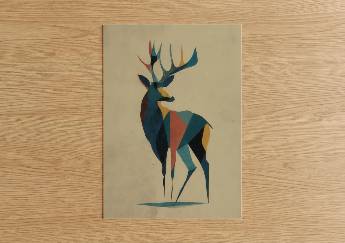 Art print on warm oak wood — teal and mustard palette — Geometric Elk poster