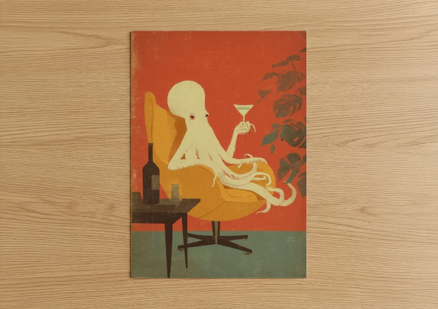 Art print on warm oak wood — russet and gold palette — Sophisticated Octopus poster