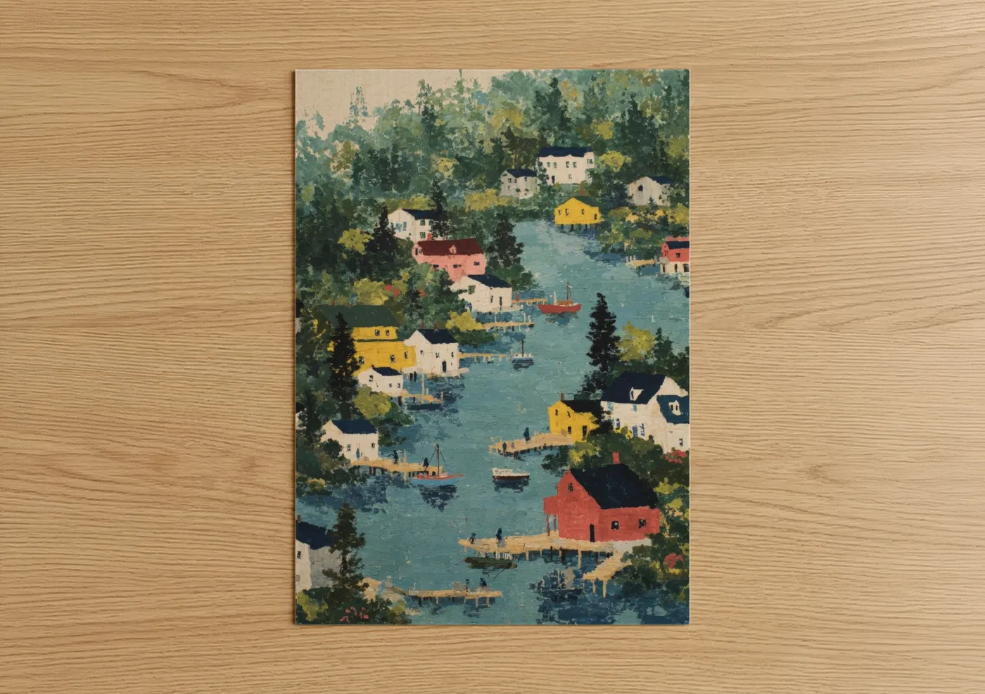 Colorful Waterfront Island Village Illustration Wall Art