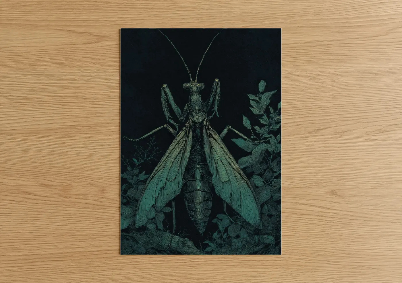 Emerald Praying Mantis Dark Nature Wall Art