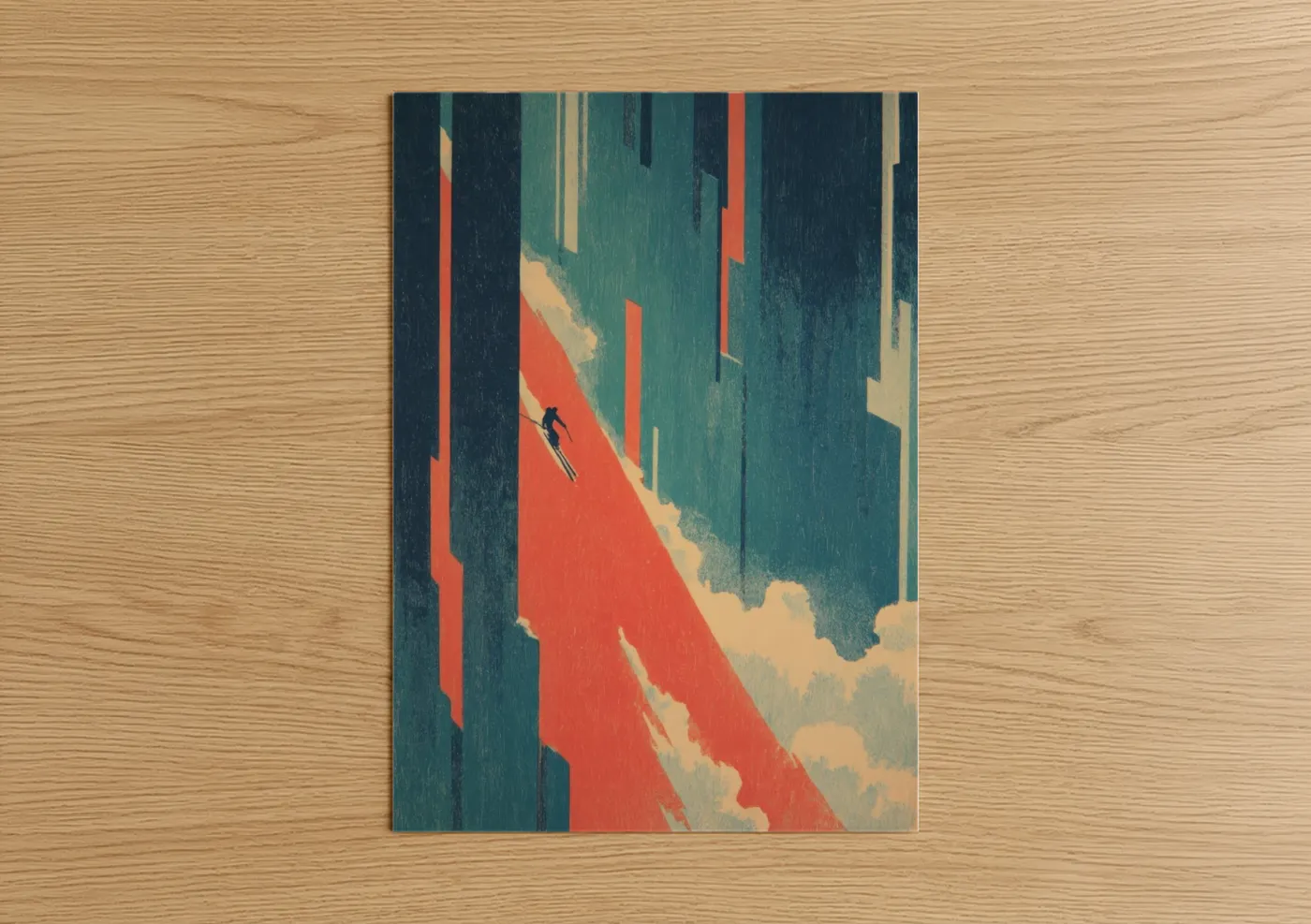 Minimalist Skier Descent Illustration Wall Art