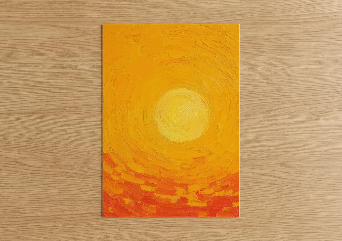 The sun art print on warm oak wood — yellow gold and orange palette — Golden Sun Radiance poster