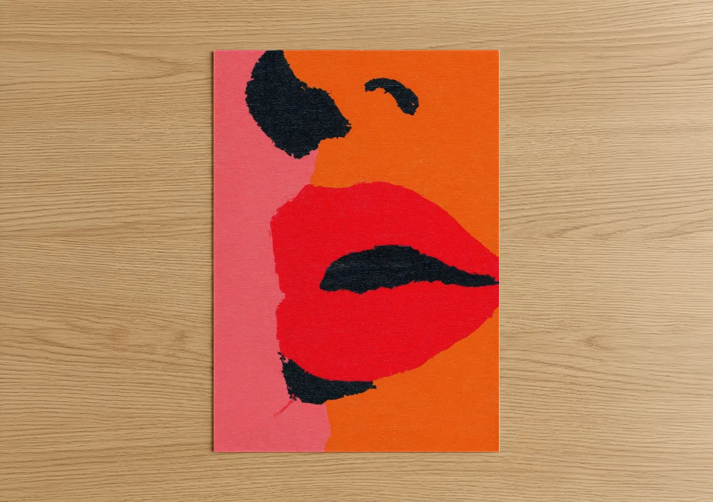 Art print on warm oak wood — red and orange palette — Bold Lip Portrait poster