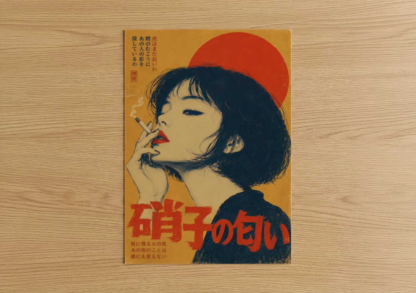 Art print on warm oak wood — red and gold palette — Japanese Retrofuturism Woman Smoking Wall Art poster