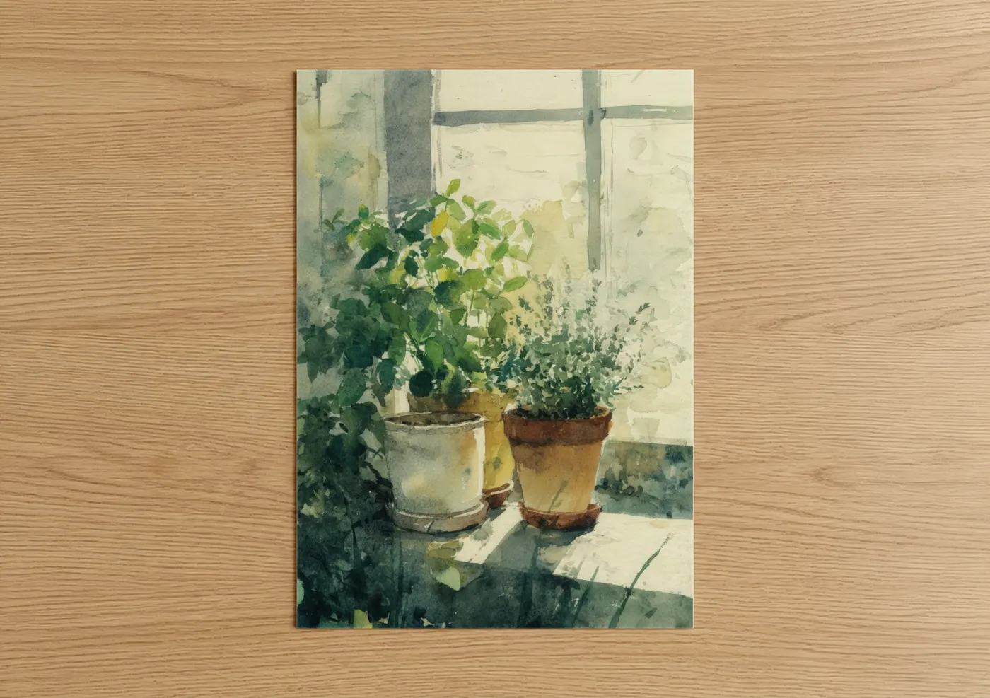Art print on warm oak wood — light green and cream palette — Windowsill Herbs poster