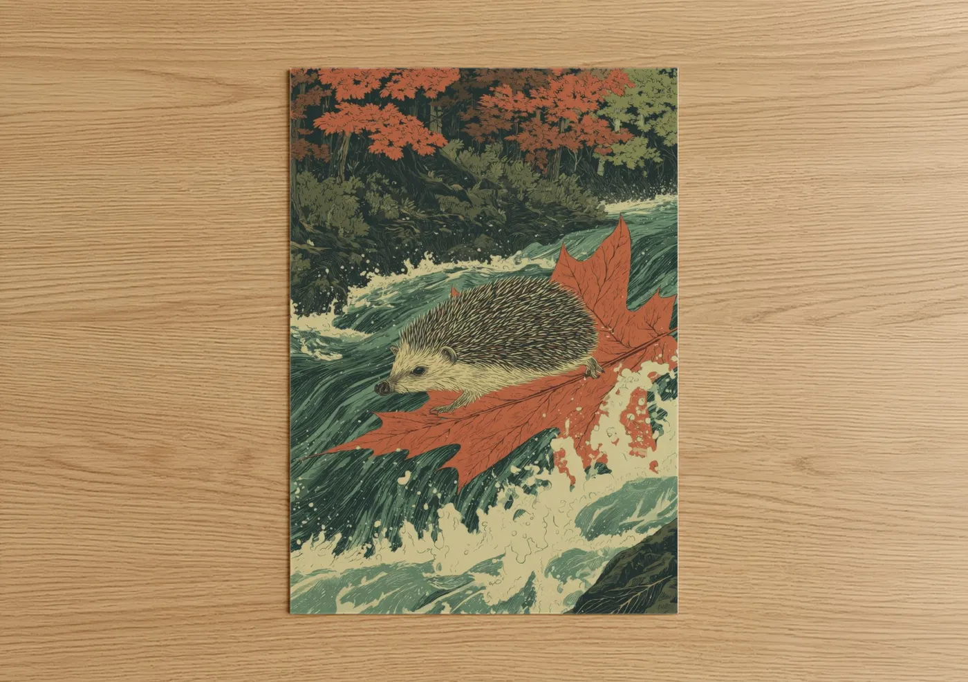 Autumn Stream Hedgehog Japanese Wall Art