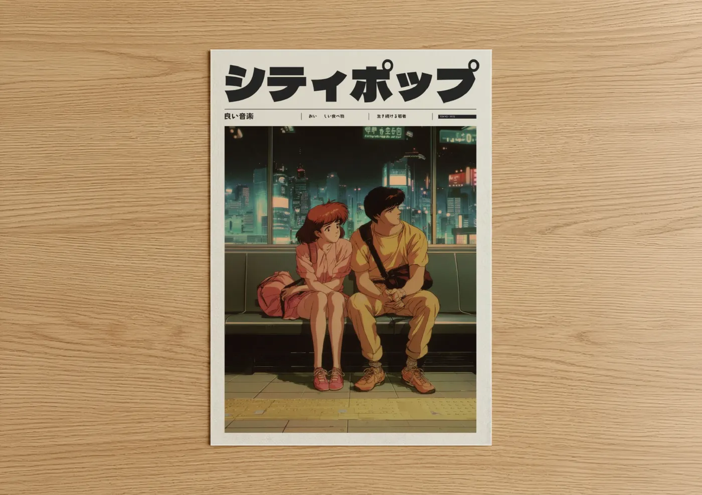 Anime and manga art print on warm oak wood — orange and blue palette — Midnight City Couple poster